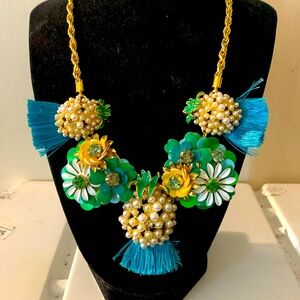 Talbots, necklace, green pink rhinestone pearl Enamel flowers, pineapples